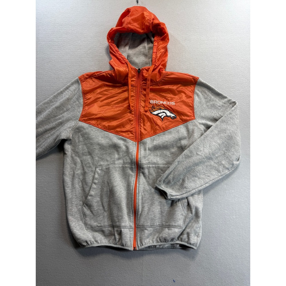 NFL Denver Broncos Full Zip Hoodie Mens Large Gray Orange Mixed Media